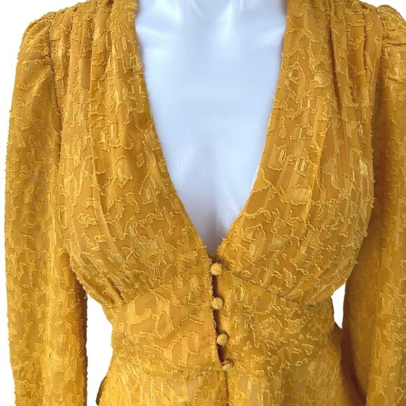 French Connection Brenna Yellow Long Puff Sleeve V-Neck Peplum Blouse Top Size 8 - Picture 3 of 5